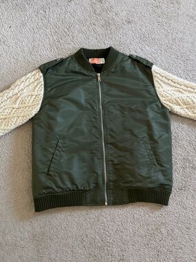 J.O.A. Olive Nylon Bomber Jacket with Cream Cable-Knit Sleeves